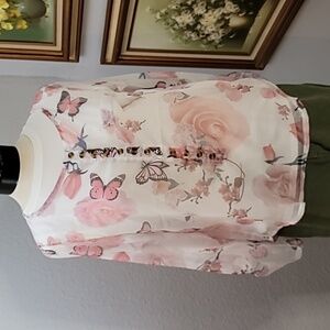 Sheer butterfly button-down blouse pinks roses Coquette Feminine Whimsy